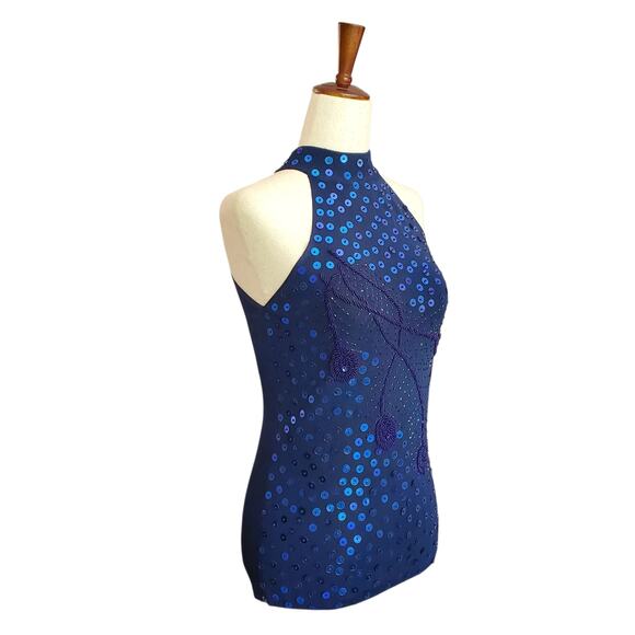 Beaded Sequin Blue High Neck Sleeveless Top - Small - Picture 3 of 7